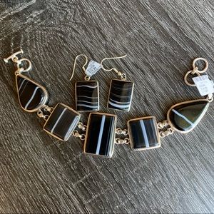 NWT! JTYDS Black Agate & Sterling Silver Bracelet and Earings Set